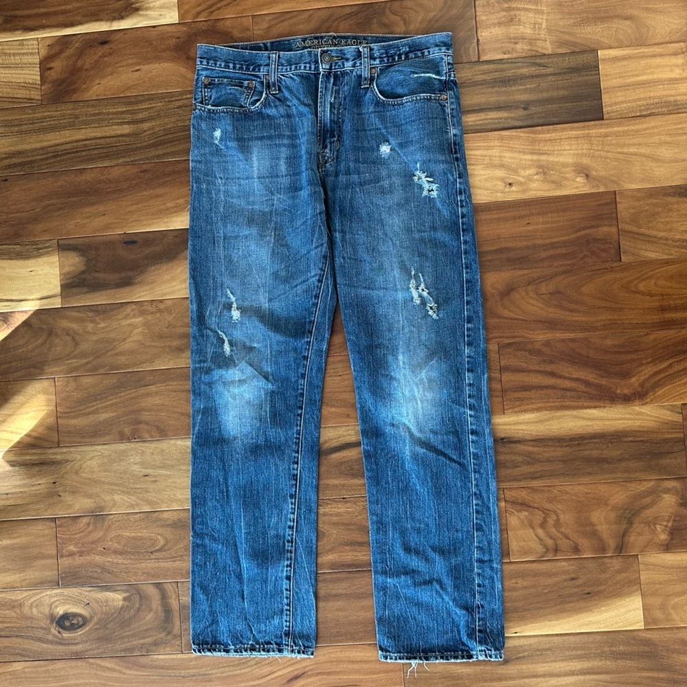 American Eagle Outfitters Men's Distressed Straight Relaxed Fit Blue Jeans 34x34